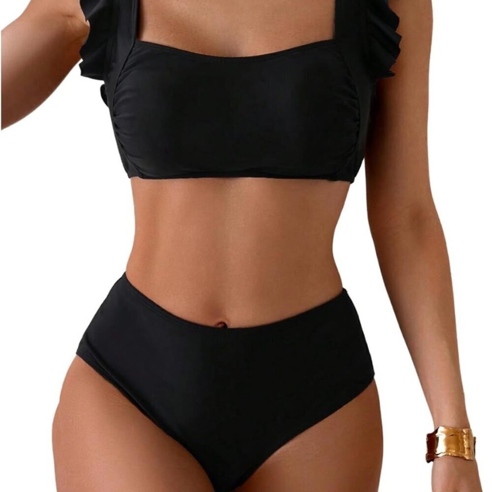 High Waisted Bikini Swimsuit 2 Piece Ruffle Trim Square neck S. 0011/1-1